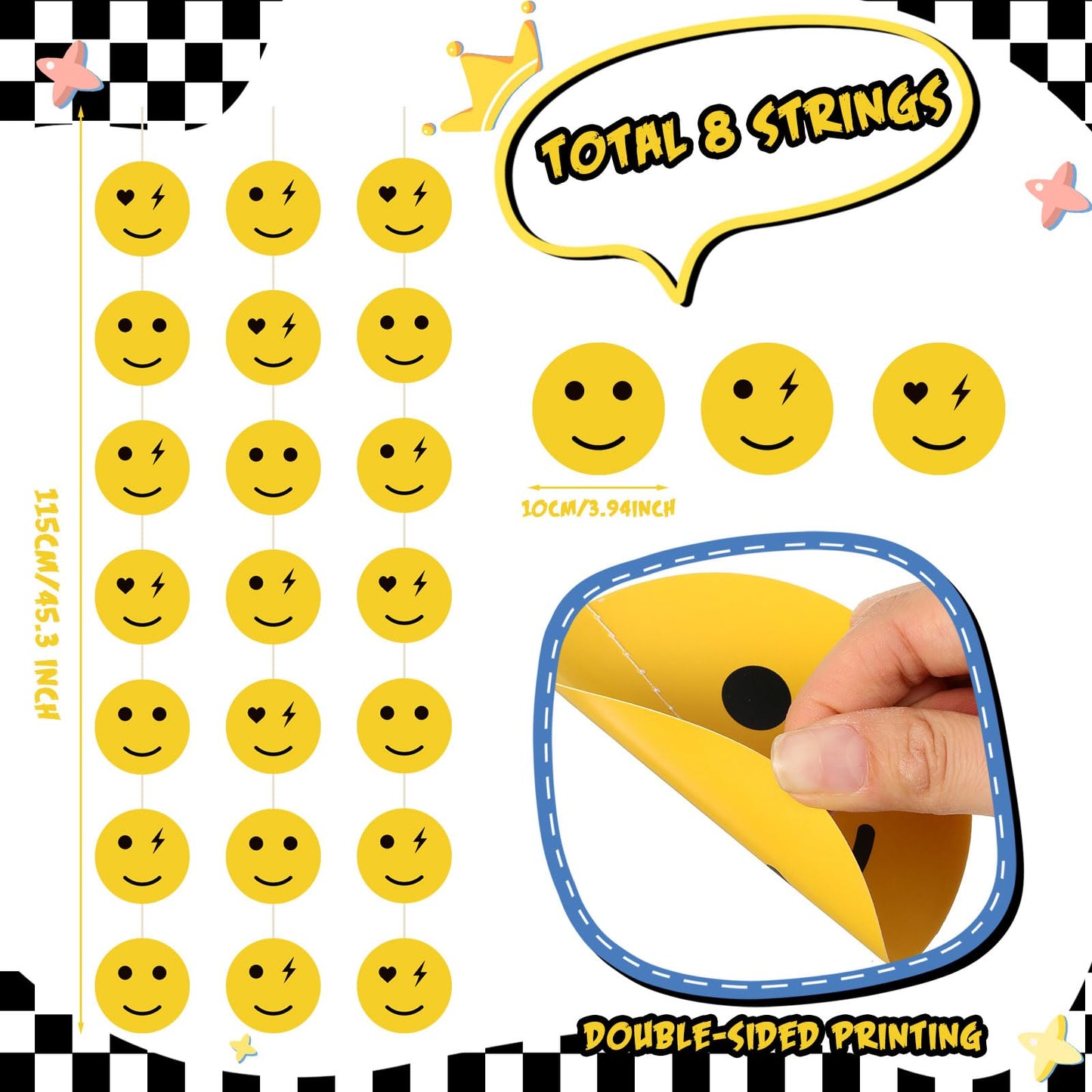 Sinload 8 Pieces Smile Face Party Decorations Yellow Smile Garland Banners Preppy Smile Paper Cutouts for One Happy Dude Birthda
