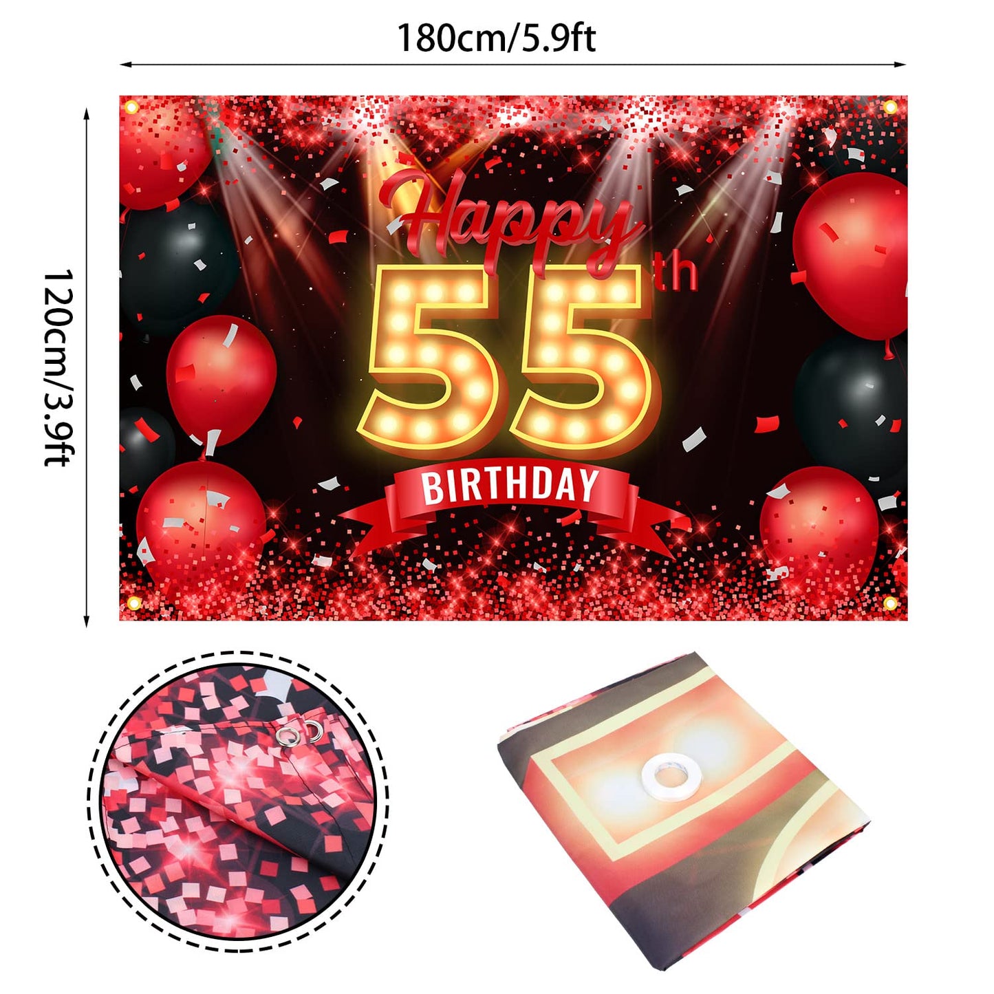 Happy 55th Birthday Banner Backdrop Red and Black 55 Years Old Background Bday Decorations for Women Men Photography Party Suppl