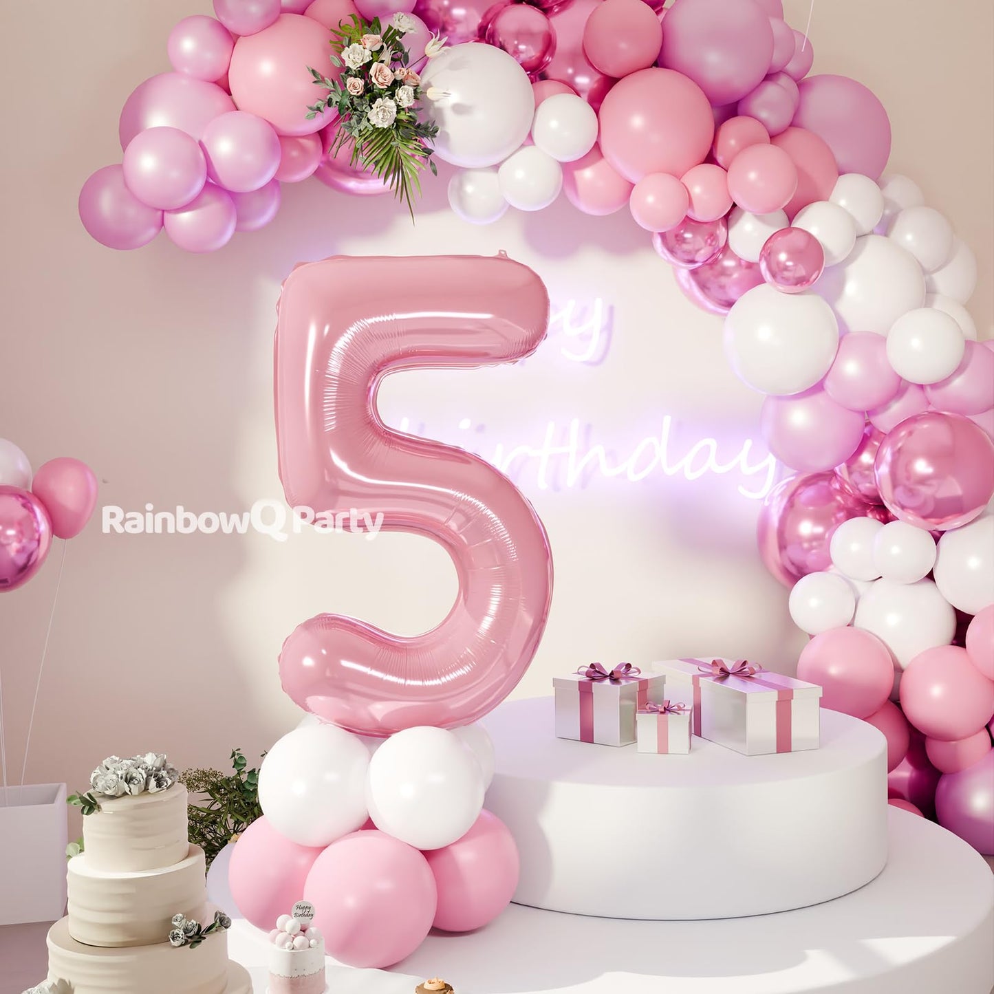 Rainbowq Party 5 Balloon Number 40 Inch For Boy Or Girl Big Pink 0-9 Foil Mylar Large 5 Number Balloon Happy 5Th Birthday Party