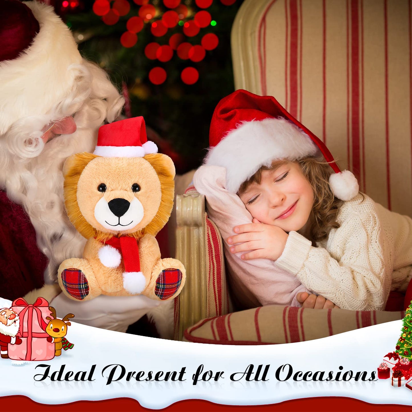 Threan 8 Inch Christmas Stuffed Animal Christmas Plush Doll With Santa Hat For Holiday Decoration Winter Gifts(Lion Style)