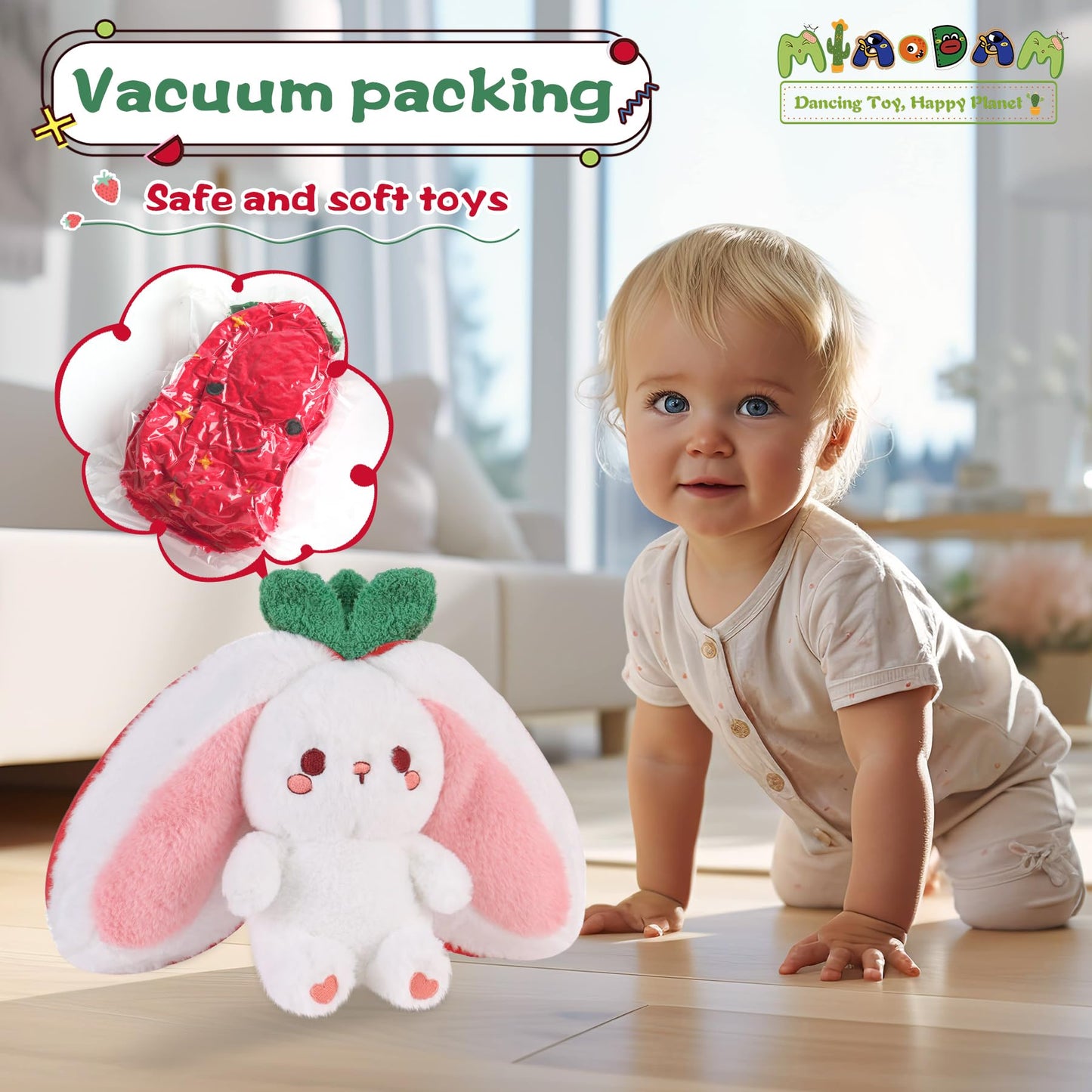 MIAODAM Strawberry Bunny Plush Toy-Soft Huggable Stuffed Animal for Babies, Kids & Collectors, Birthday Present & Nursery Decor