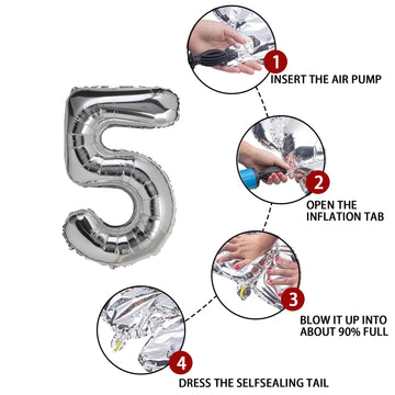 5 Number Balloon Silver 40 Inch Big Foil Mylar 5Th Balloons For 5 Year Old Boy Girl Birthday Party Decorations Wedding Anniversa