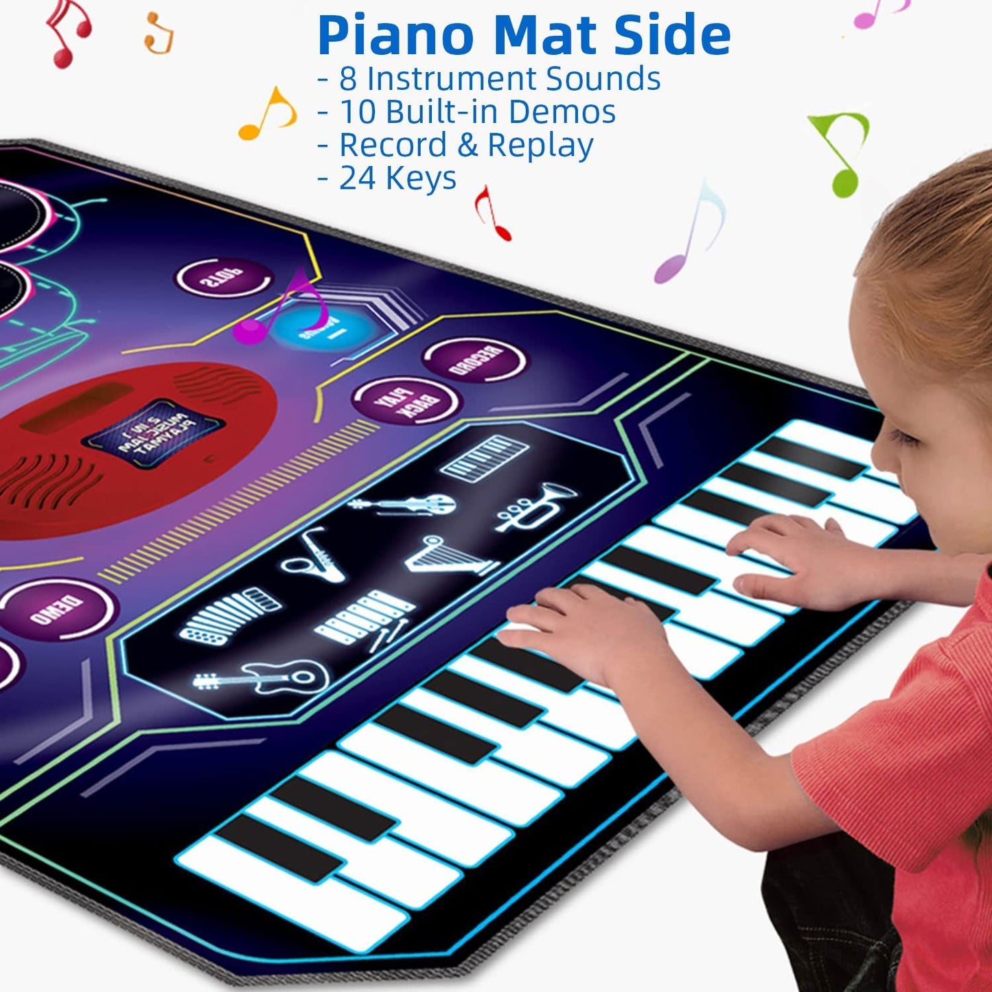Qshark 2 In 1 Kids Music Learning Toys For Boys Girls, Drum Set + Piano Mat | Record & Playback, Built-In Songs, 8 Instrument So