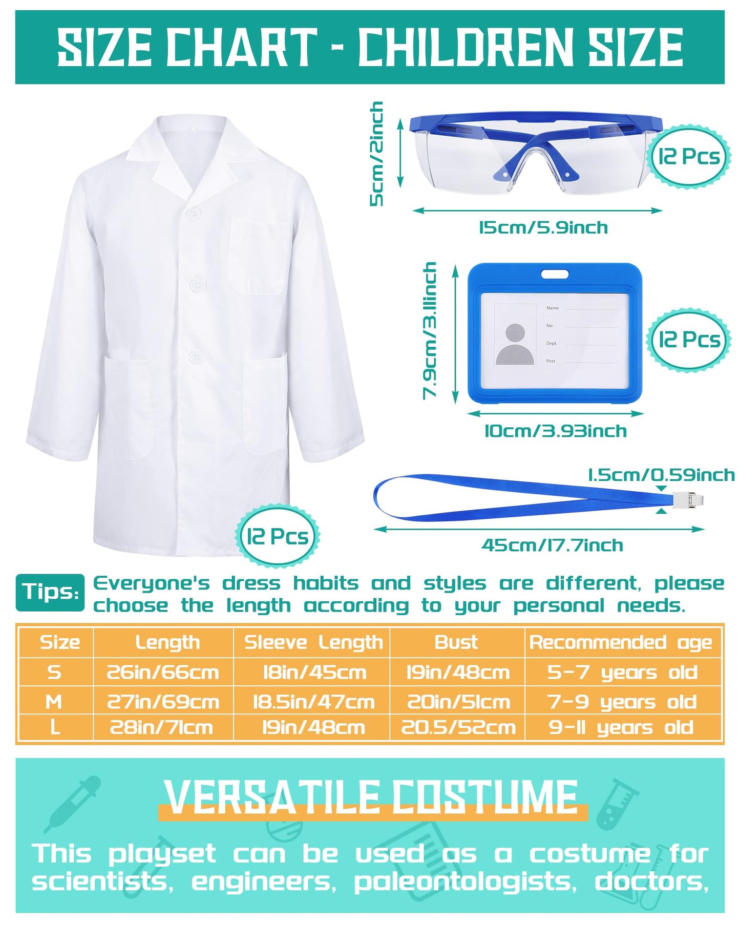 Xtinmee 12 Sets 36 Pcs Kids Lab Coat Set Halloween Doctor Costume With Goggles Id Card Science Dentist Doctor Dress Up Kit (Medi