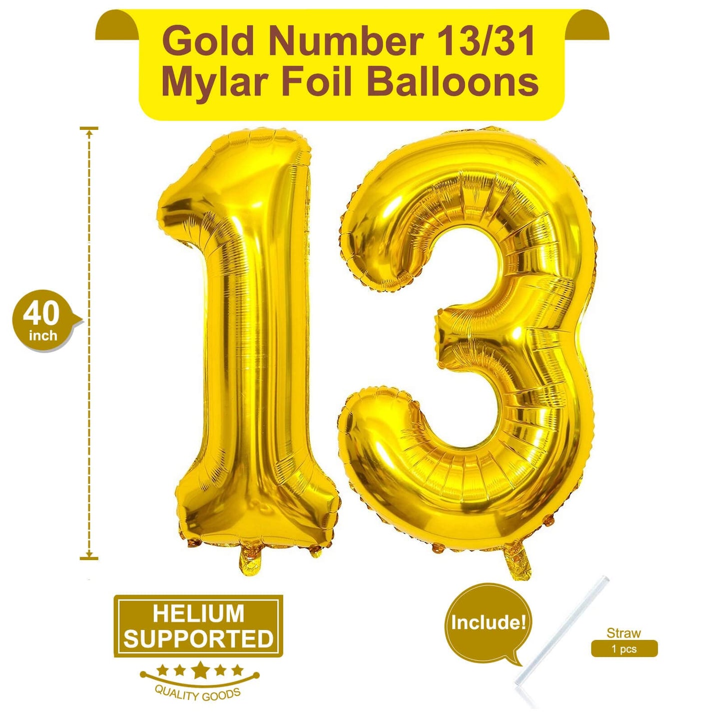 LHOAVWE 40 Inch Gold 13 Foil Mylar Balloons - Jumbo Number 13 for Birthday Parties and Anniversaries