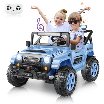 Hikole 2 Seater Xl Ride On Cars For Kids - 24V Electric Car With 20 Inch Wide Seat, 4Wd/2Wd Switch, Remote Control, Led Lights, Music Player, Battery Powered Jeeps Car For Kids, Blue-Gray
