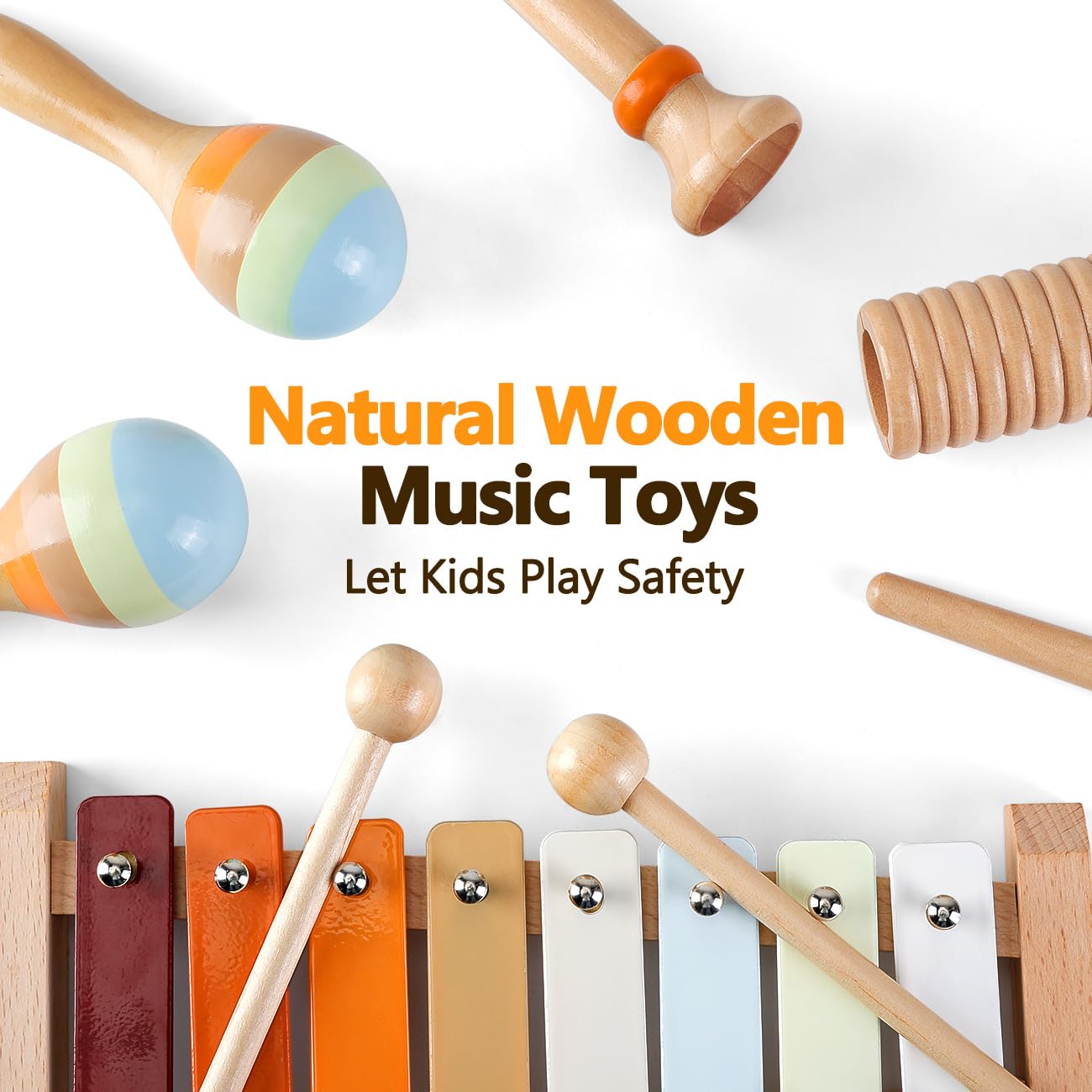 Musical Instruments for Toddlers 1-3 Wooden Music Toys for 1 Year Old with Xylophone & Maracas Montessori Percussion Set in Neutral Boho Colors Kids Preschool Educational Birthday Gifts