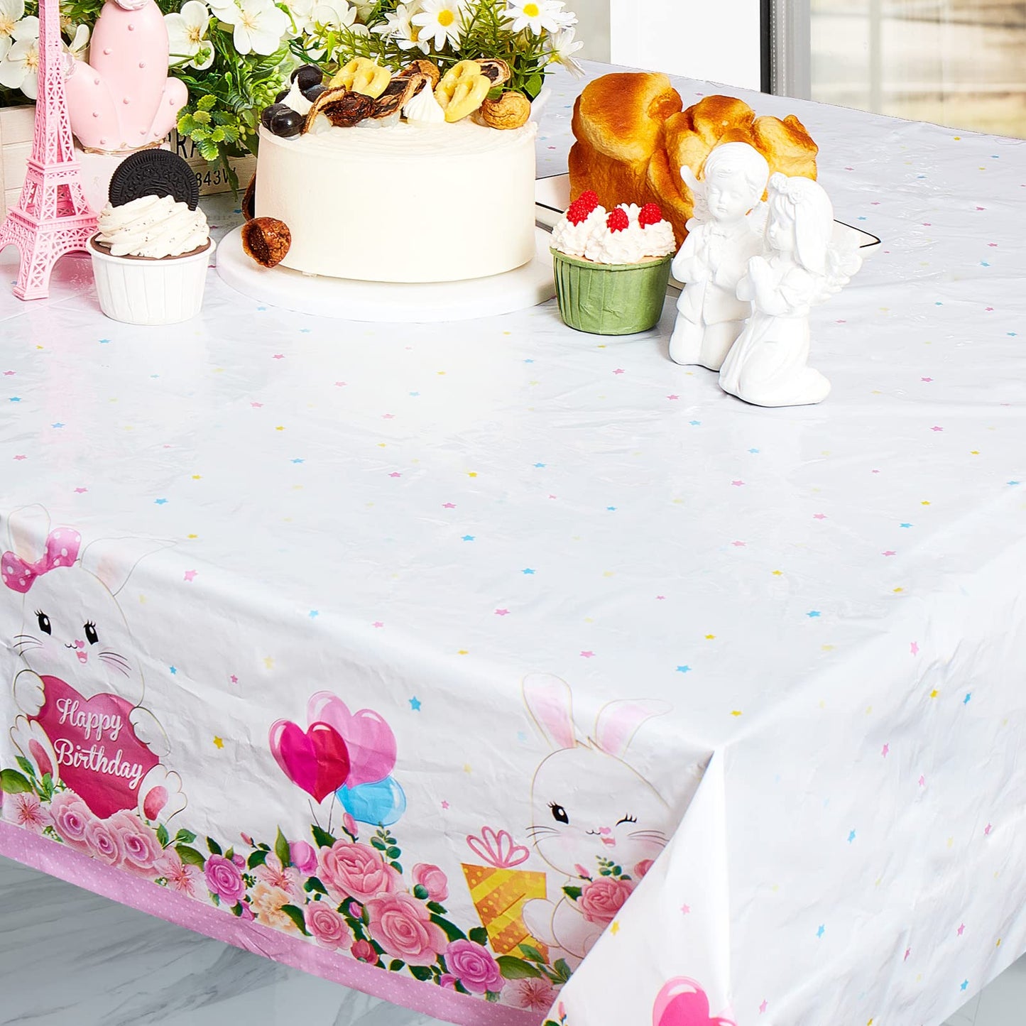 3 Pcs Easter Bunny Party Supplies Tablecloth Bunny Plastic Table Covers Floral Pastel Table Cloth Bunny Themed Birthday Decorati