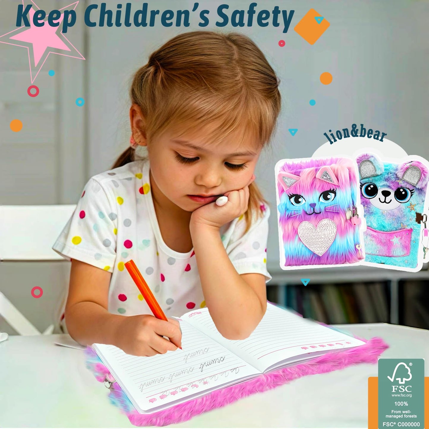 Dicvute 2Pcs Diary With Lock, Gift For 6 7 8 Years Old Girls, Fuzzy Notebook Cute Cat Bear Diary Secret Writing Plush Journal Ch