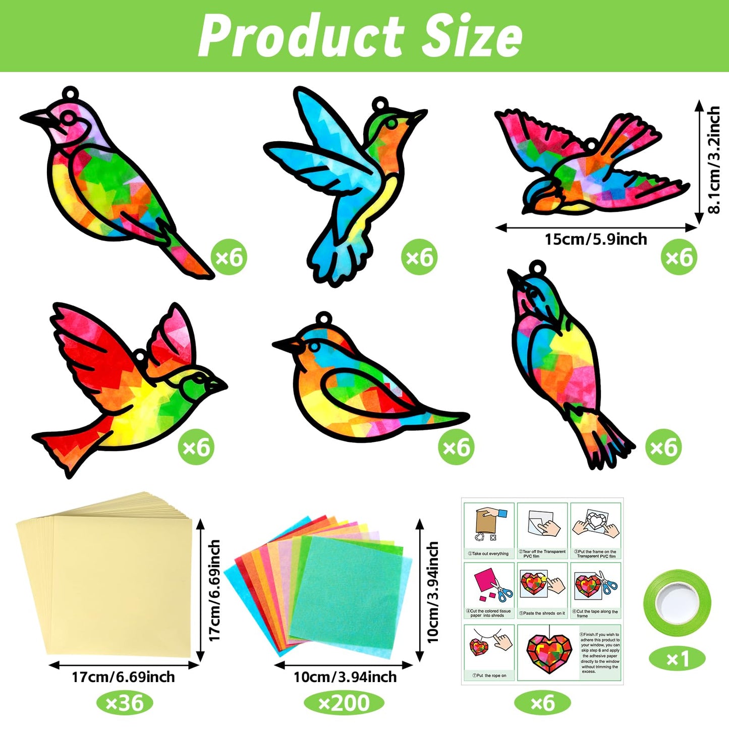 Qyeahkj Bird Suncatchers Craft Kit - 36 Set Colorful Paper Hanging Decor, 5.91 inches, Ideal for Kids’ Summer Activities and Birthday Parties