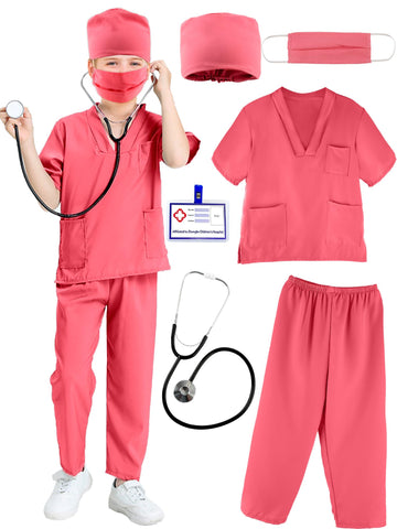 Puteraya Kids Doctor Scrubs Costume Set Doctor Surgical Suit Uniform For Boys Girls Dress Up Halloween Cosplay (Pink, 10-12 Year