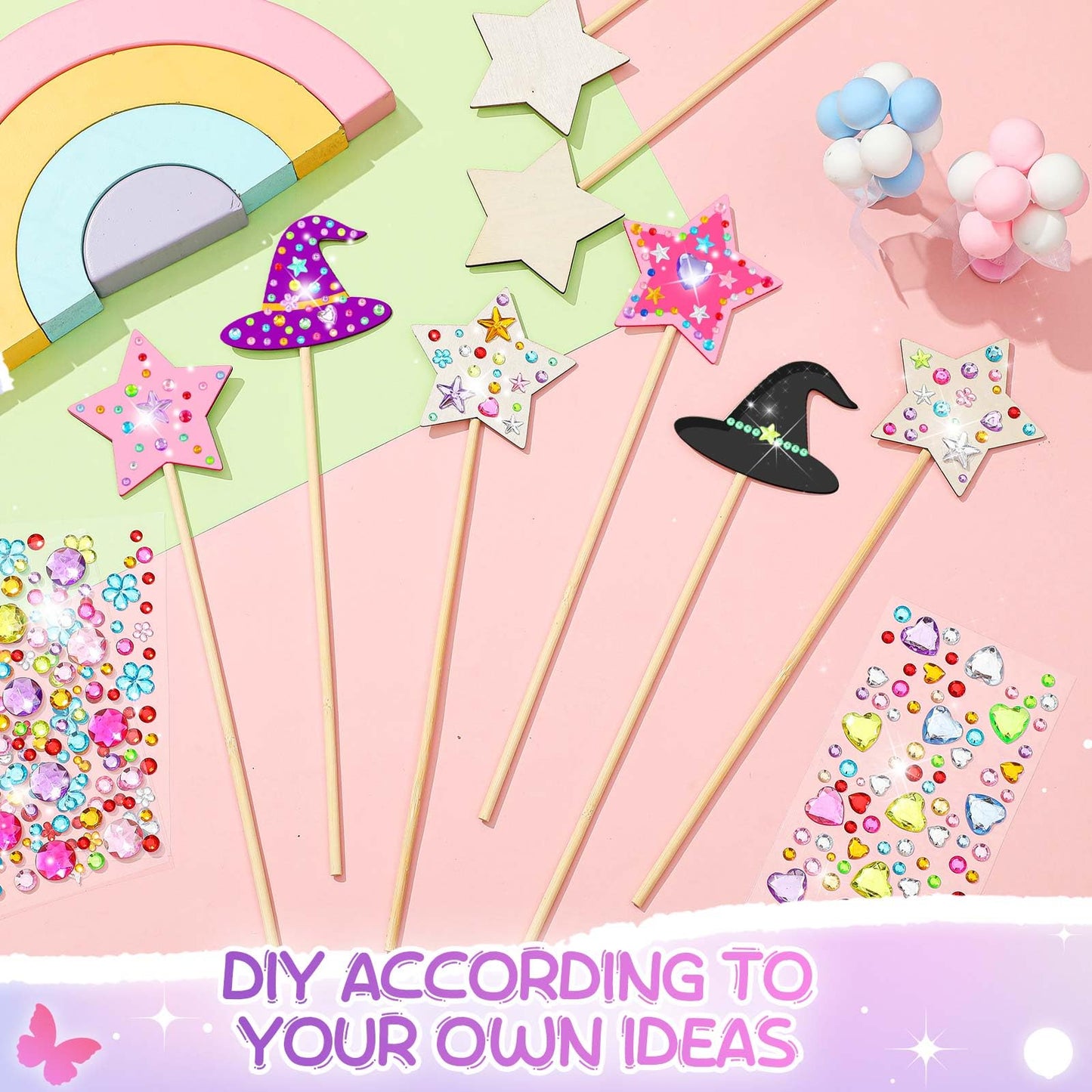 Juexica 12 Pcs Fairy Wands Kit Including 6 Unfinished Wood Star Wands, 6 Broom Sticks and 4 Sheets Gem Stickers for Witch and Pr