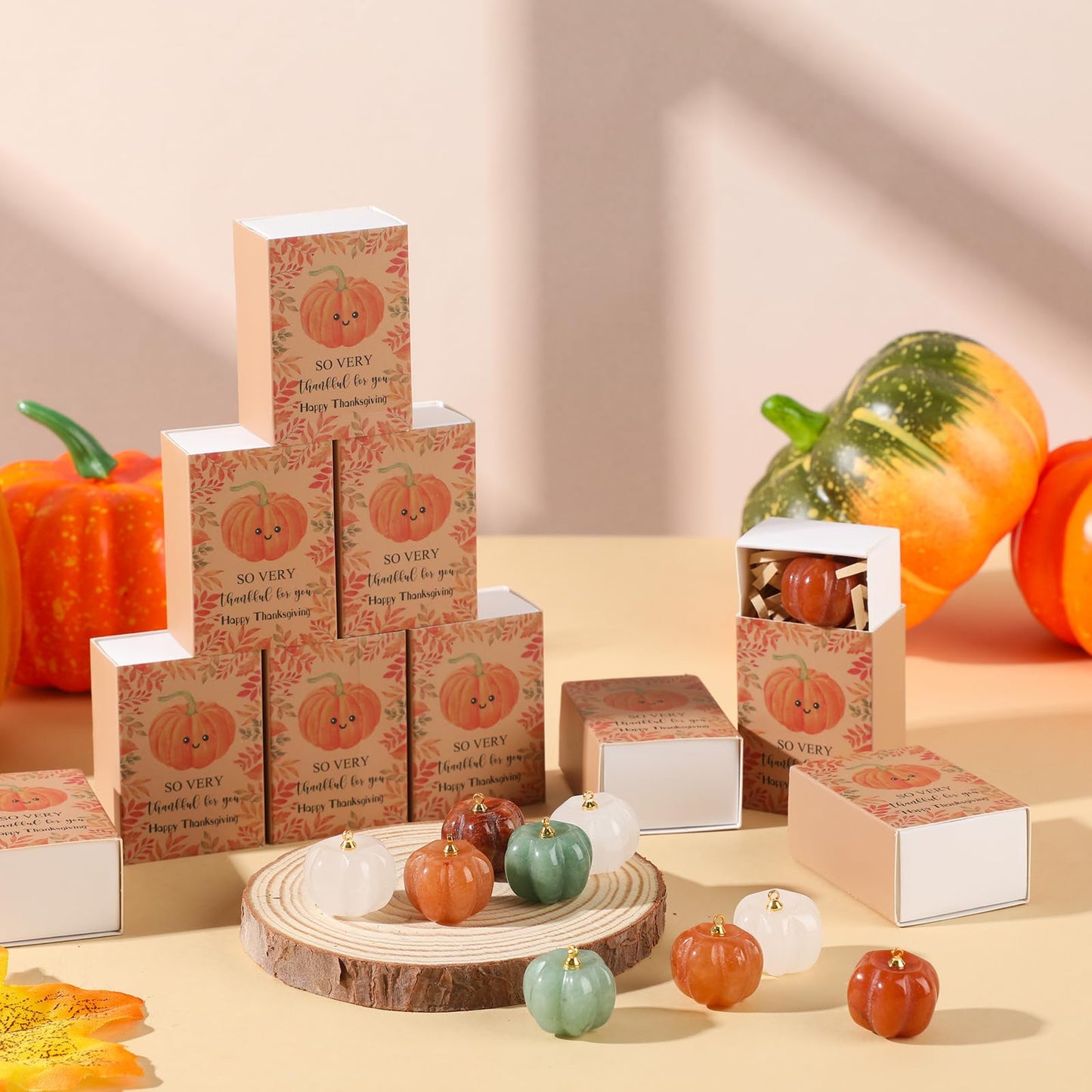 LemonRoad 10 Sets Happy Thanksgiving Gifts Crystal Pumpkin with Maple Leaves Gift Box Positive Fall Decor for Thanksgiving Party