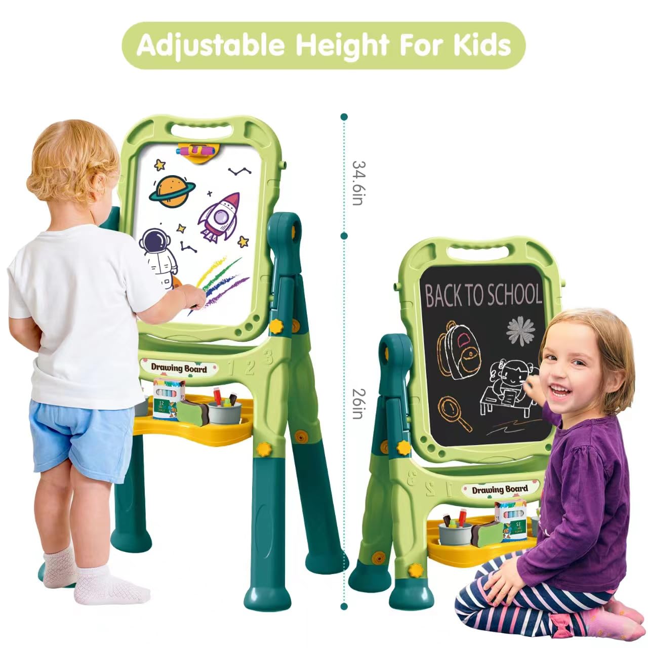 Amagoing Easel For Kids, Adjustable Standing Art Easel For Toddler, Double Magnetic Drawing Board With Painting Accessories, Bir