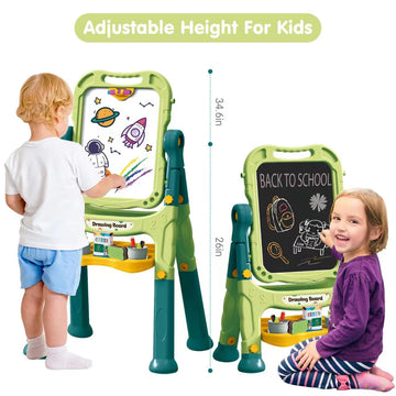 Amagoing Easel For Kids, Adjustable Standing Art Easel For Toddler, Double Magnetic Drawing Board With Painting Accessories, Bir