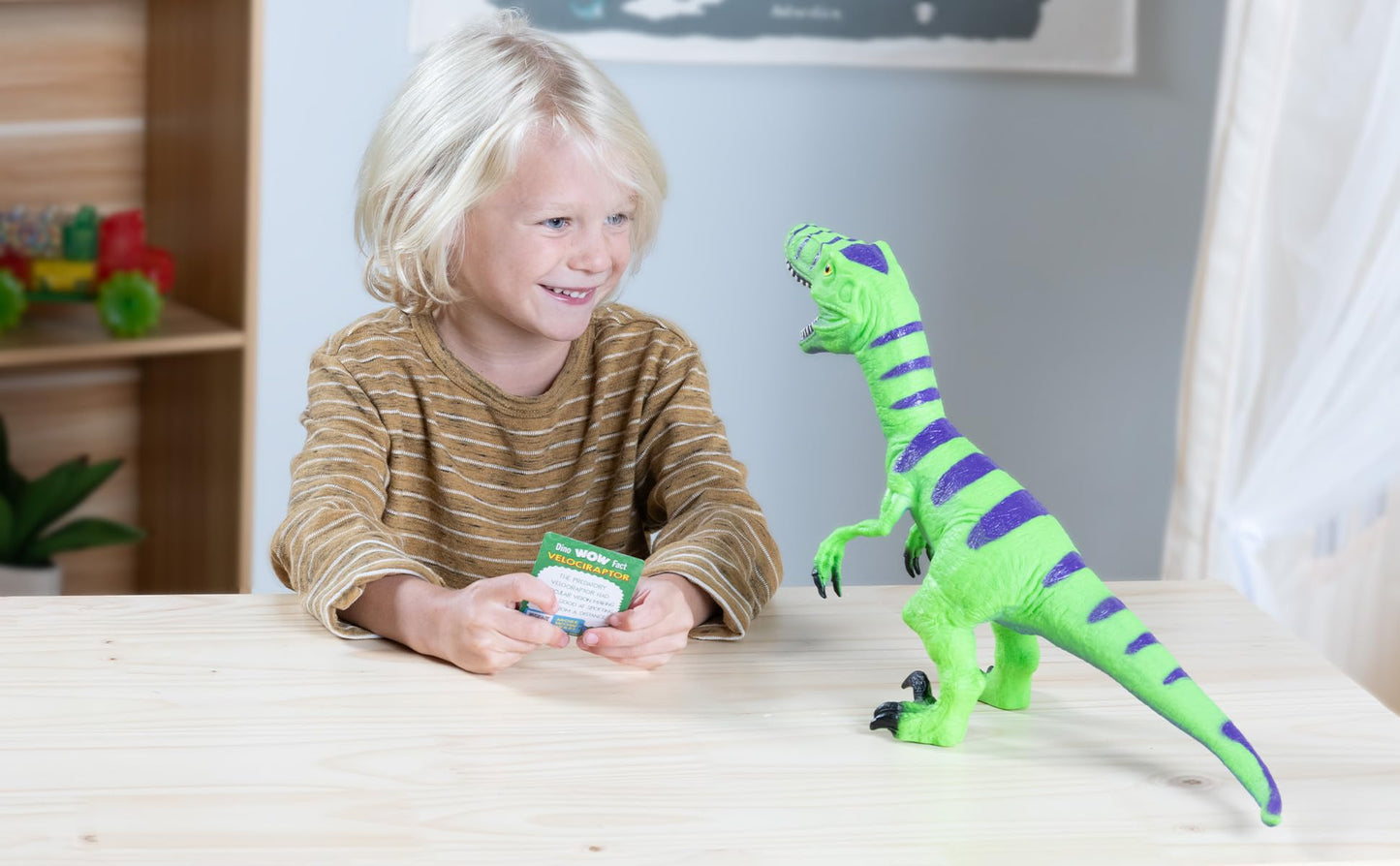 WONDERY KIDS Goliath Wow Velociraptor Toy - Jumbo Multicolor Plastic Dinosaur with Fun Fact Card