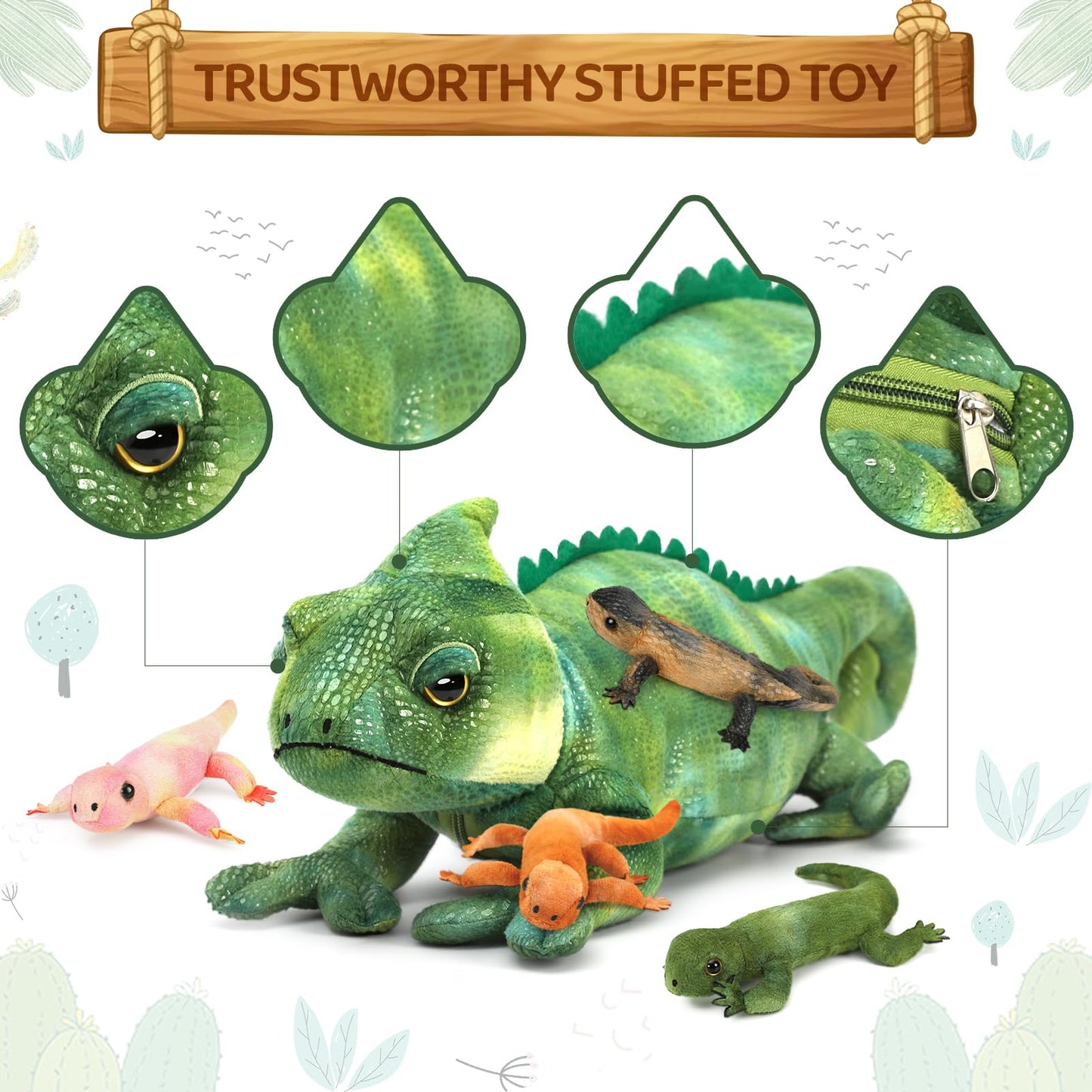 Karister Giant Lizard Plush Toy - 27" Mother Iguana with 4 Baby Lizards, Green Polyester Stuffed Animal for Kids, Model W383_0_68