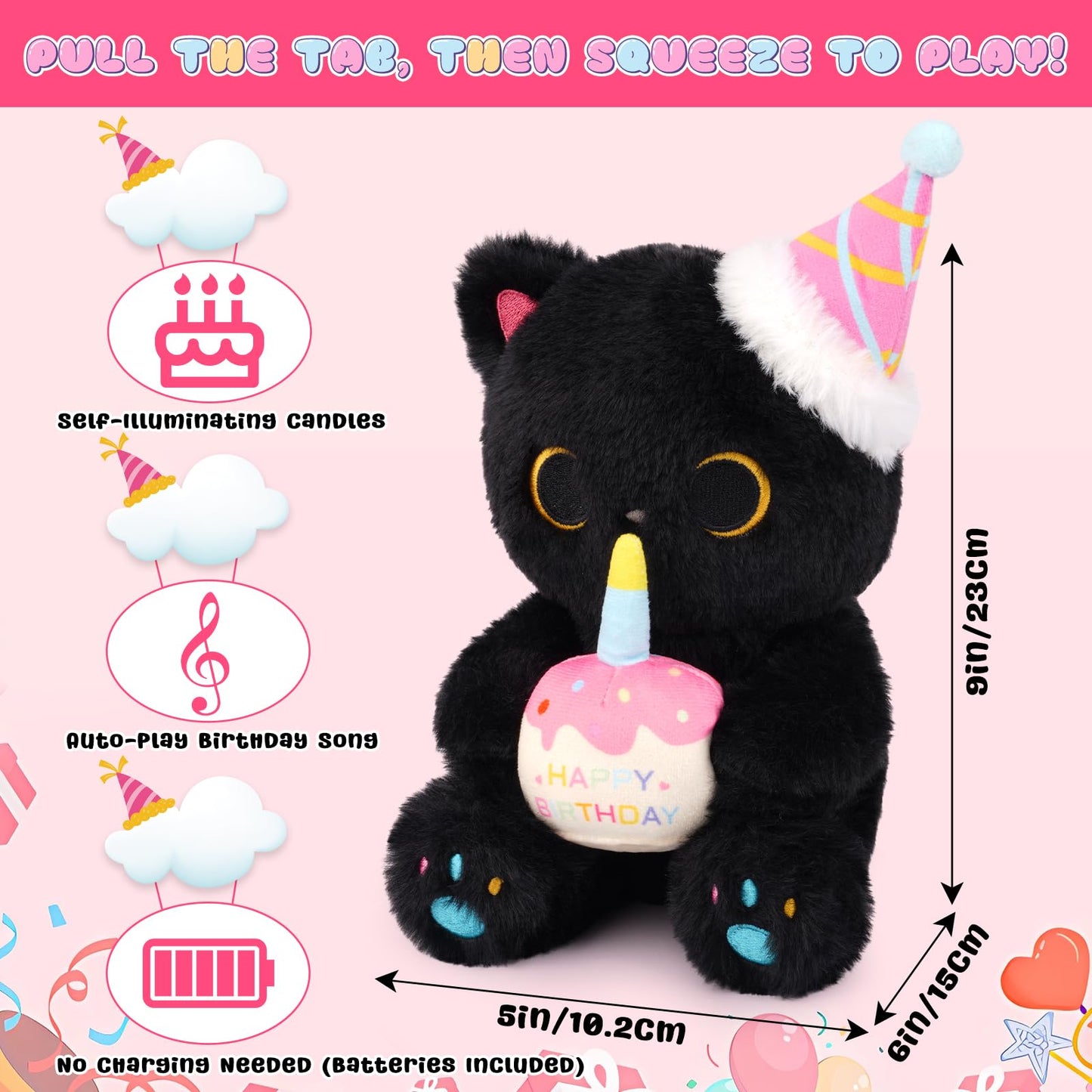 Prewplam Black Cat Plush - Singing & Glow Stuffed Animal, 9" Polyester Birthday Decor Gift for Kids, Model HMYYDGSRMR