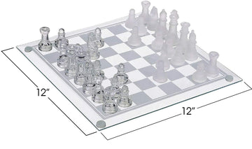 Gamie Premium Glass Chess Set, 12 Inch - Elegant Design - Durable Build - 32 Frosted And Clear Pieces - Felted Bottoms - Easy To Carry - Stable & Fully Functional For Chess Lovers