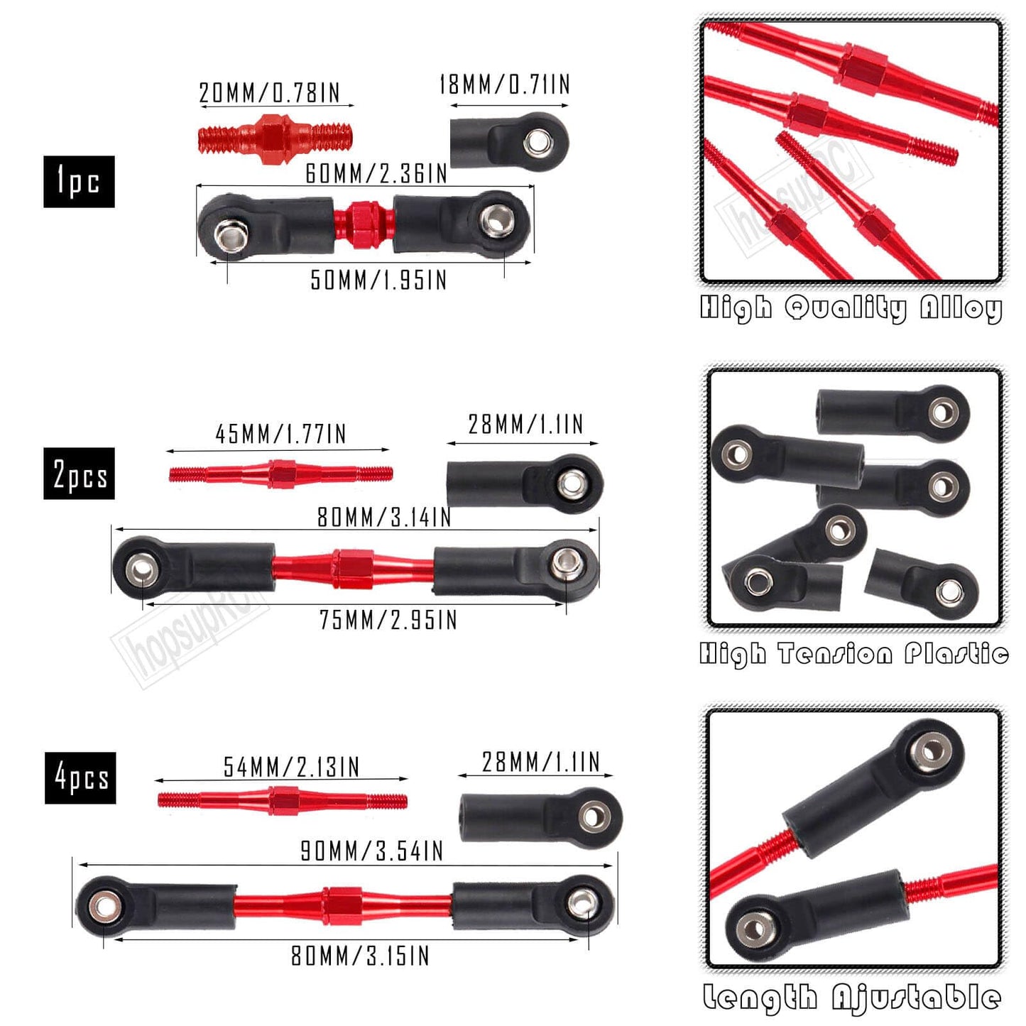 hopsupRC 1/10 RC Upgrade Kit - Steel Drive Shaft, Adjustable Turnbuckles, Red