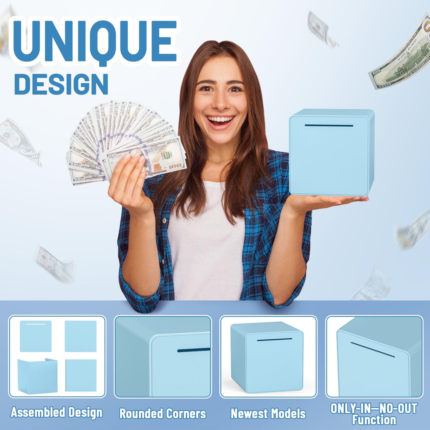 Hizgo Adults Assembly Piggy Bank, 6' Large Piggy Bank For Adults/Kids Must Break To Open, Unopenable Money Saving Box For 2025 Cash Saving (Blue)