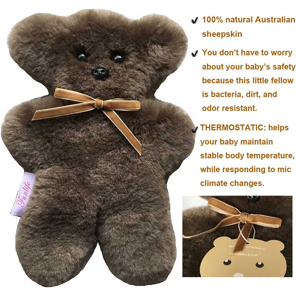 Funlife 100% Australian Soft Cuddly Sheepskin Flat Teddy Bear For Baby Birthday Gift,Gray
