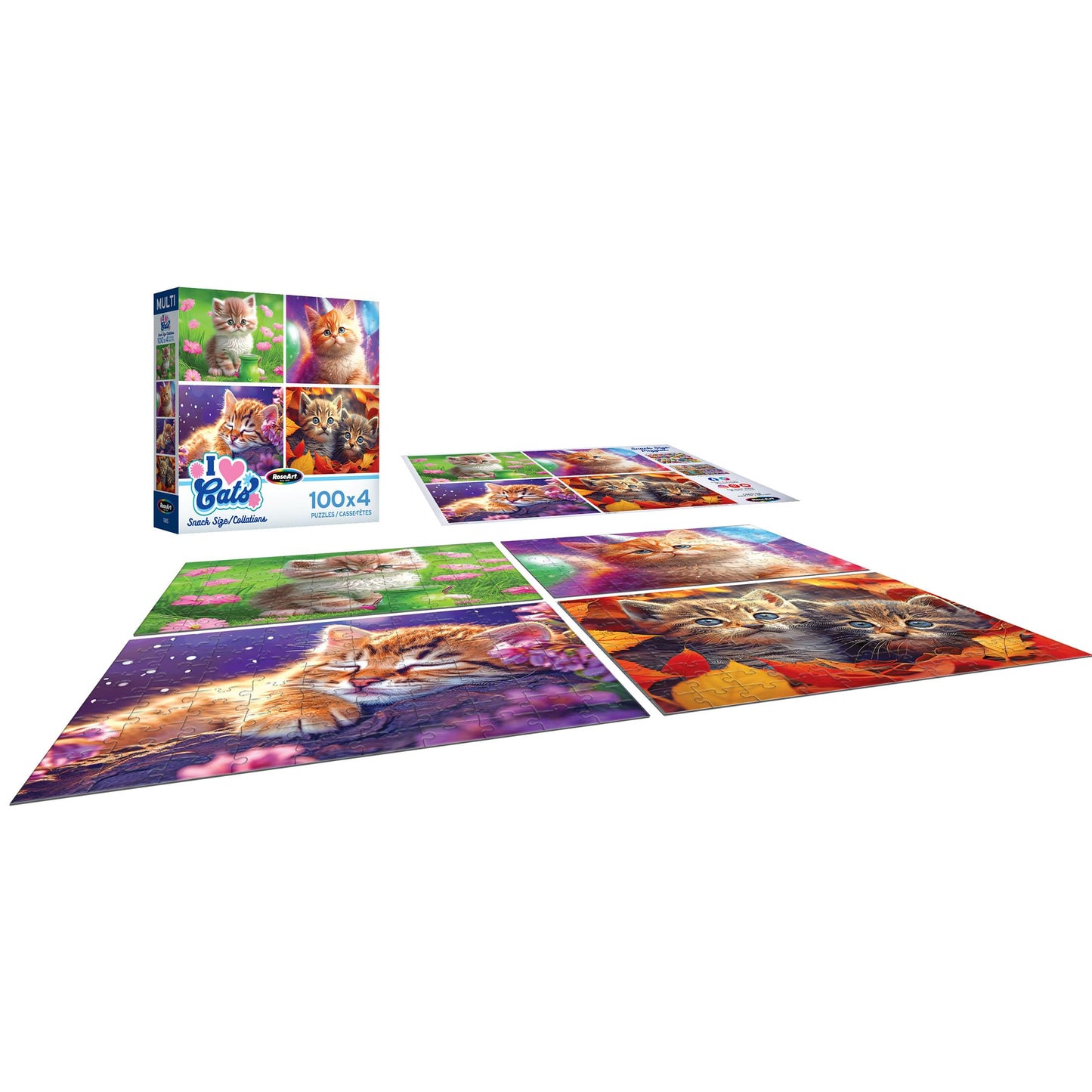 RoseArt Snack Size Multi-Puzzle Set, I Love Cats, 4x100 Pieces, Cardboard, Multi-colored, Model 1805ZZC-6