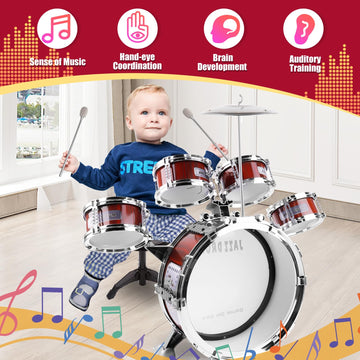Oonewiser Kids Drum Set For Toddlers Toy- Musical Instruments Toys Drum Kit 9 Pcs With Stool, Bass Drum, 4 Small Drums Percussio