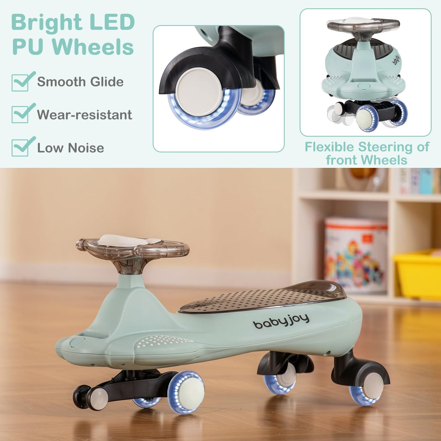 Honey Joy Wiggle Car, Swing Car With Under-Seat Storage & Hauling Rope, Led Pu Wheels, No Batteries, Music, Gears Or Pedals, Use