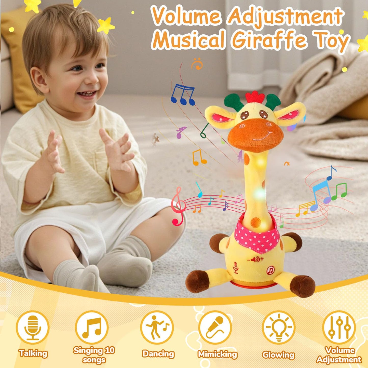 MILEGI Dancing Talking Musical Giraffe Toy - Plush Yellow Stuffed Animal, 10 Songs, Volume Control, 1 inch Tummy Time Toy