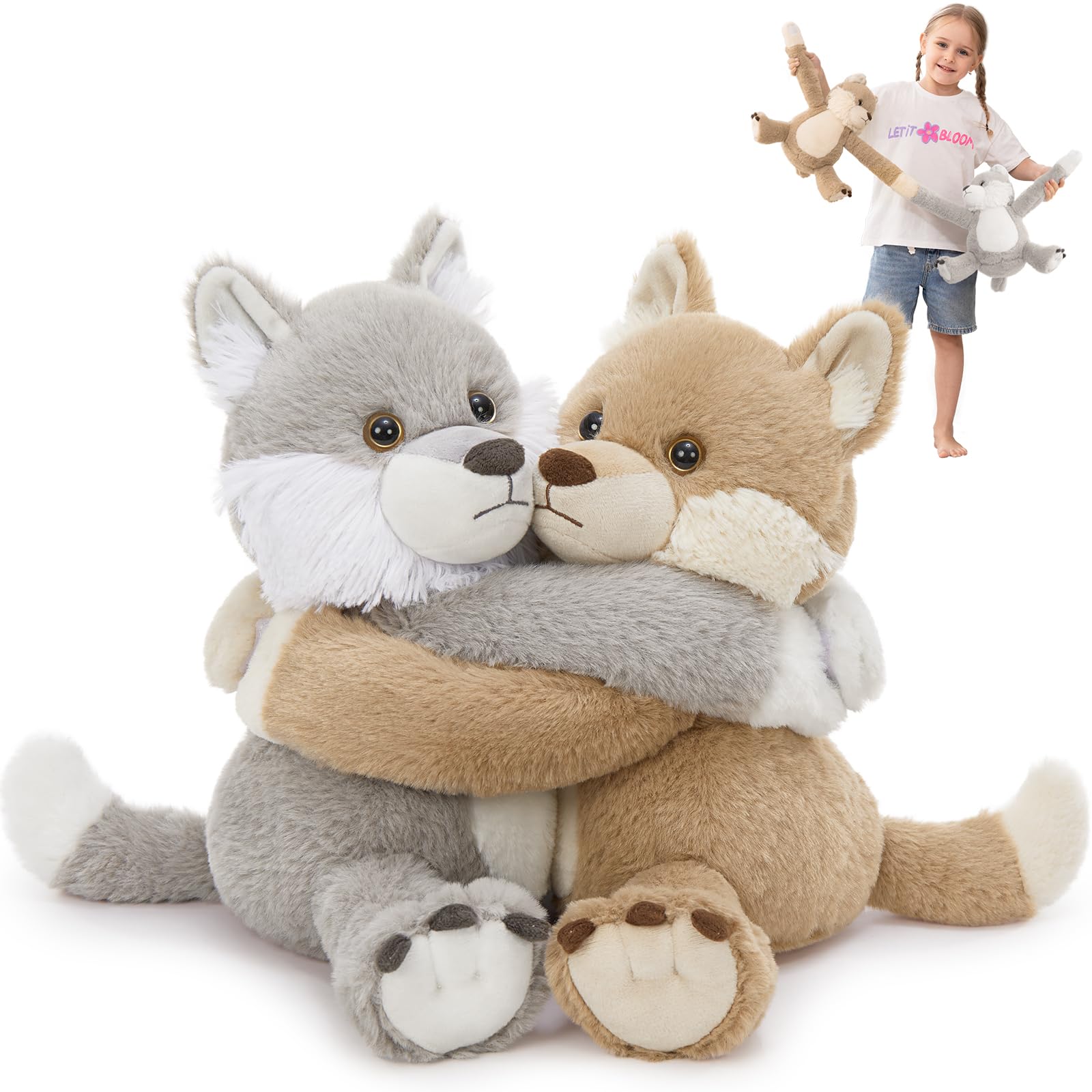 MorisMos Wolf Stuffed Animals Duo Freezable & Microwavable Stuffed Animals for Comfort Long-Arms Hugging Plush Wolf Toys Gift for Kid mature-themed Couple Twin Cute Coyote Plush Decor