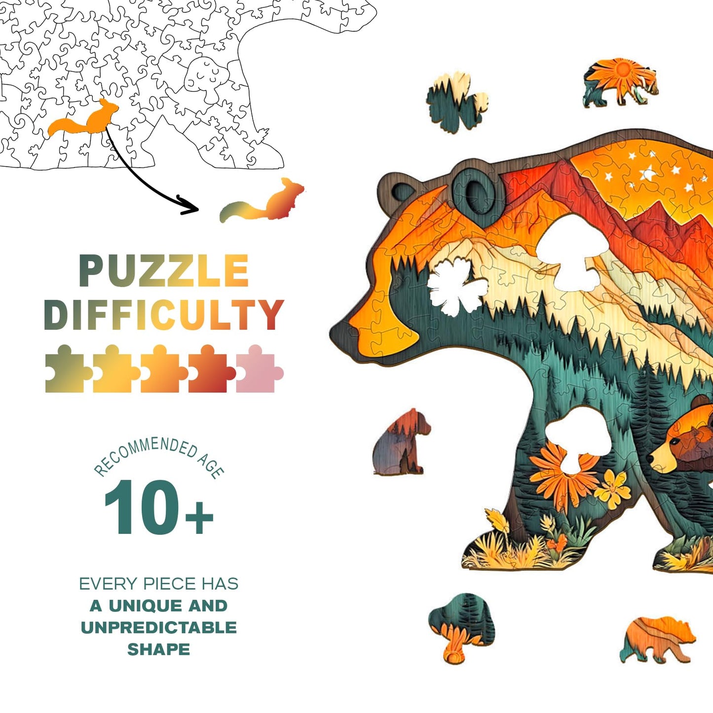 Wooden Puzzles for mature-themeds - Challenging Bears in The Forest mature-themed Puzzle  Unique Animal Shaped Wooden Jigsaw Puzzles for mature-themeds  Creative Gifts Family Games 15.4 * 8.2in 205pcs