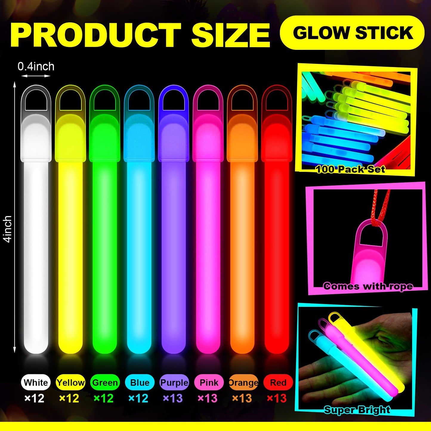 Lewtemi 4 or 6 100 Pack Bright Glow Sticks Bulk, Glow in The Dark Party Supplies Birthday and Holidays Party Favors(Macron Color