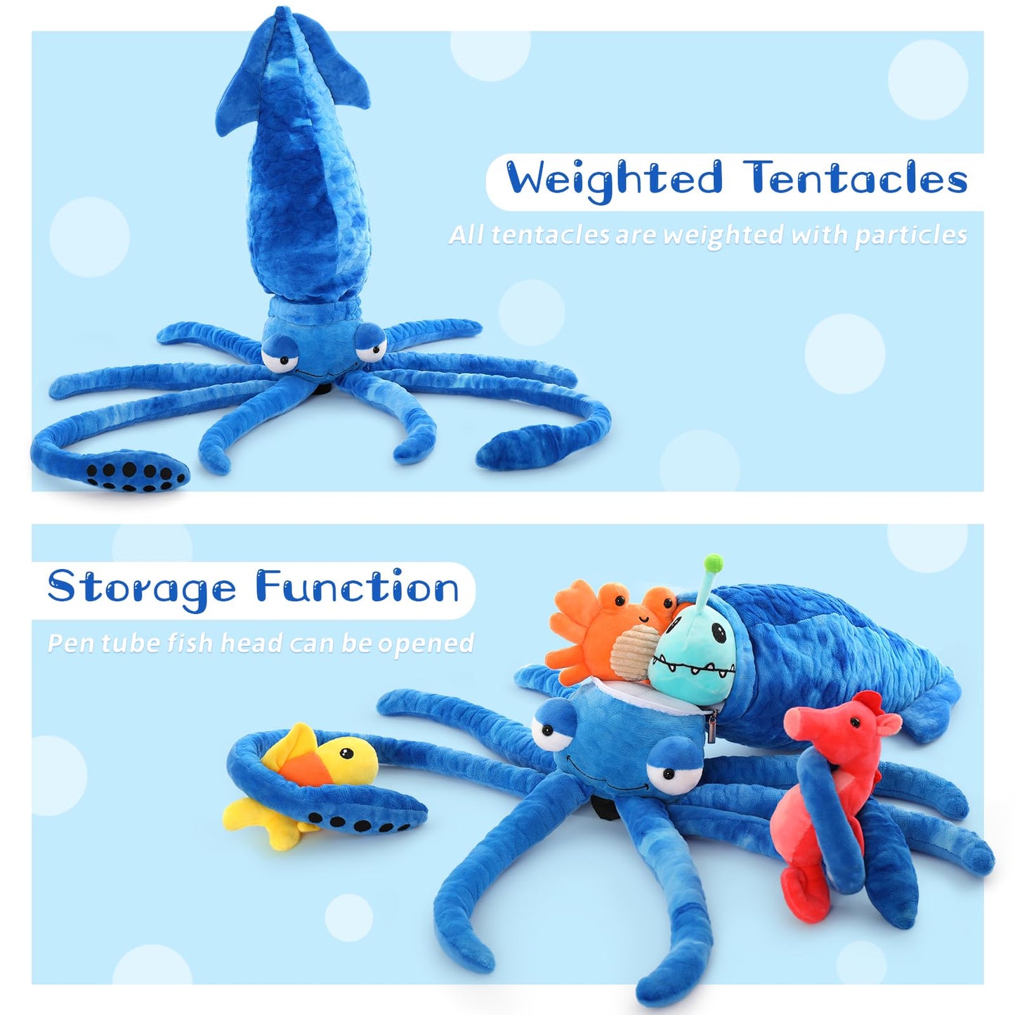 Karister Giant Squid Stuffed Animal Toy 41.3" with 4 Marine Plush Dolls - Clownfish, Crab, Seahorse, Angler Fish - Polyester