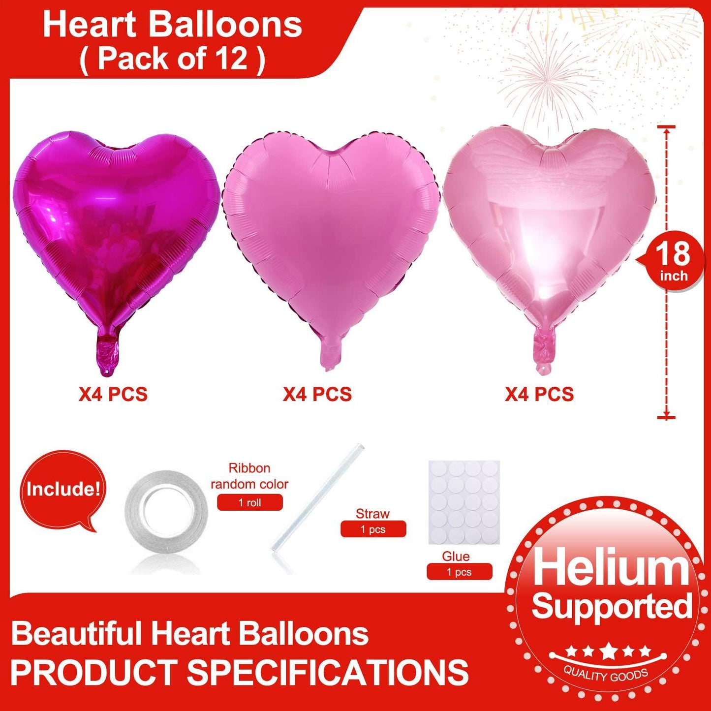 Lovoir 12 Pcs Hot Pink Heart Shape Foil Mylar Balloons 18 Inch Love Balloons For Valentine'S Day Birthday Party Decorations Wedd