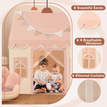 Kids Play Tent With Non-Slip Mat, Star Lights, Decorating Flag, Large Playhouse With 4 Windows, Machine Washable, Indoor And Out