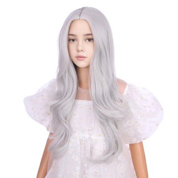 Duduwig Girls Silver Gray Wig Child Long Silver Grey Middle Part Wig Kids Long Silver Gray Wavy Curly Wig Heat Resistant Synthet