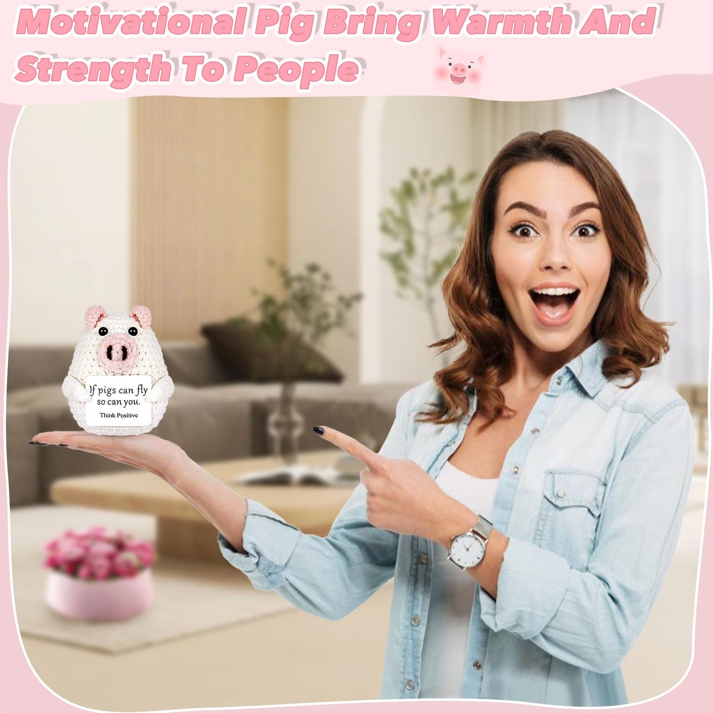 Maziky Funny Positive Pig Cute Crochet Pig Decor With Positive Affirmations Cards For Cheer Up Novelty Gifts