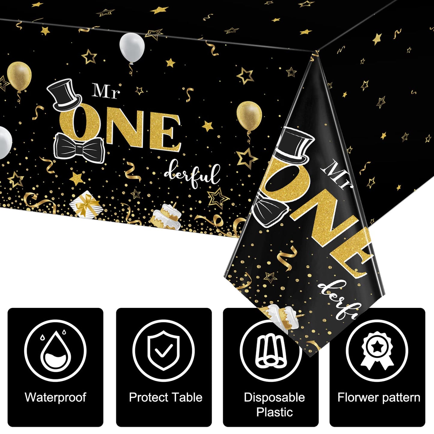 Tiamon Black Plastic Rectangular 54 x 108 Tablecloth Set of 3 for Baby Boy First Birthday Party