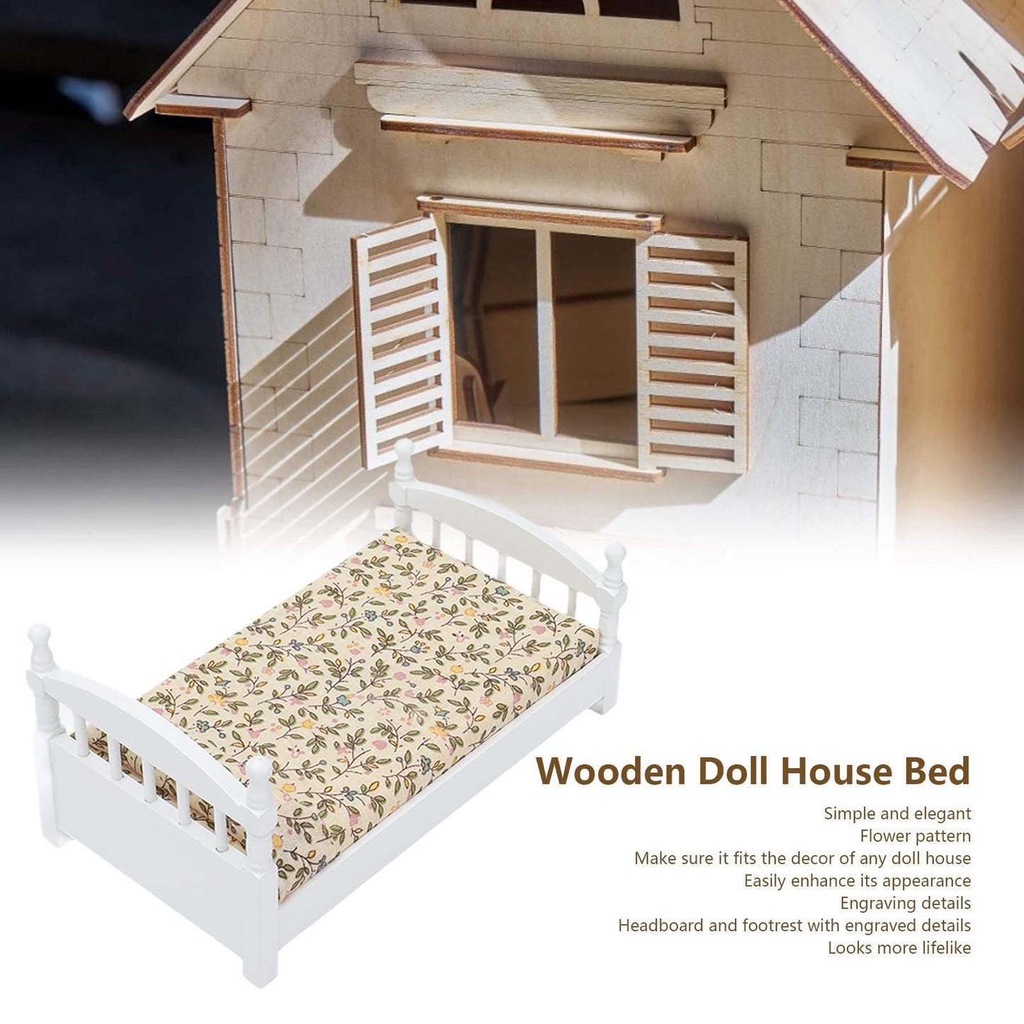 Wooden Doll House Bed 1: 12 Scale Miniature Bedroom Furniture Set With Mattress Pillows