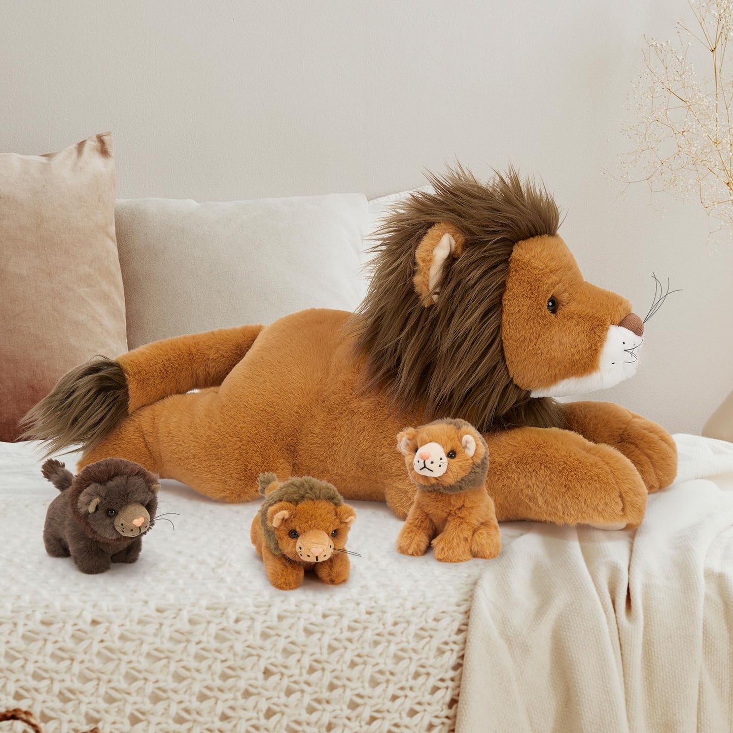 Maogolan Lion Stuffed Animal Set,Big Lion Plush With 3 Babies Inside,4 Pcs Stuffed Lion Toy For Kids,Birthday Decor