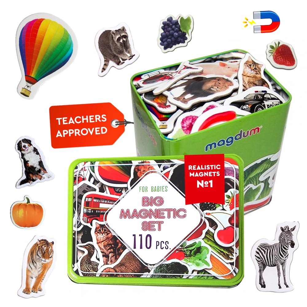 110 Fridge Magnets For Toddlers In Gift Tin Box Kids Magnets For Fridge - Toddler Magnets For Refrigerator - Magnetic Animals - Fridge Magnets For Kids - Animal Magnets - Toddler Fridge Magnets