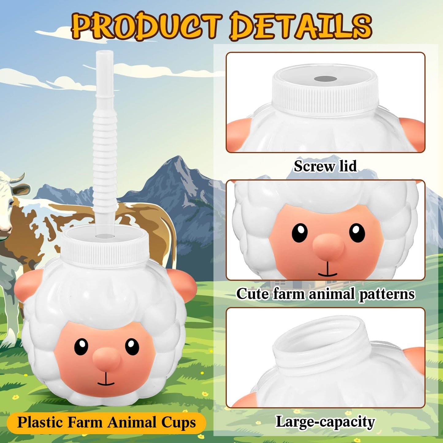 Roshtia 24 Sets Farm Animal Cups with Straws and Lids 11 oz Plastic Animal Themed Cups Cute Pig Sheep Chicken Duck Horse Cow Str