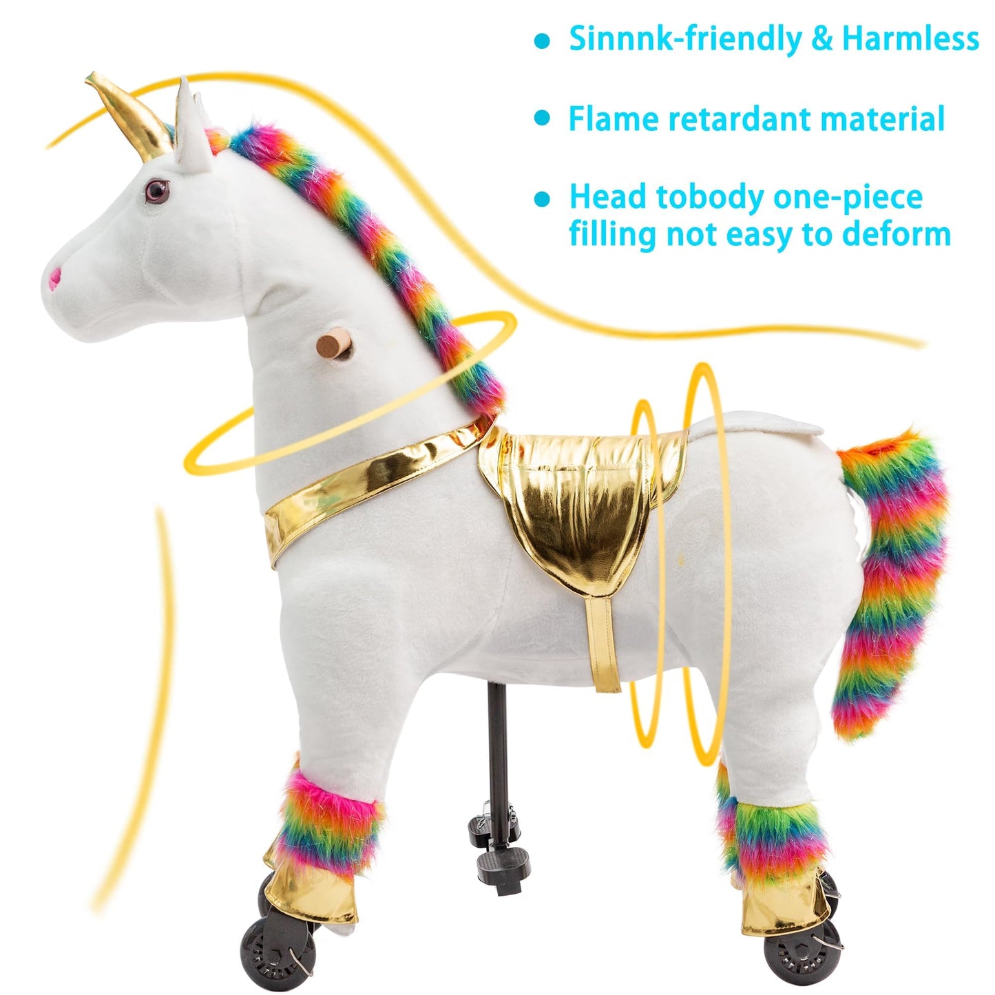 Pipleo Unicorn Ride-On Toy for Kids, Plush Mechanical Animal, Medium Size, Rainbow Color, No Battery, Max Load 165 LBS, Model 202