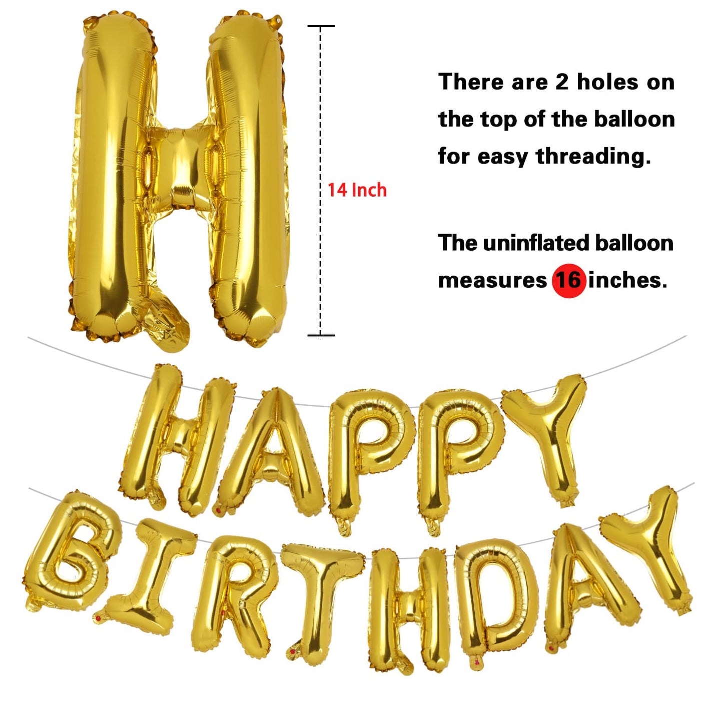 Pigetale Gold Happy Birthday Banner, 16 Inch Mylar Foil Letters Birthday Sign Banner Balloon Reusable Inflatable Party Decor And