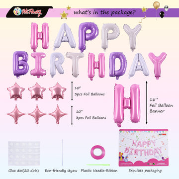 Birthday Banner, 3D Mylar Foil Happy Birthday Balloons, 24Pcs Birthday Party Decorations With 6Pcs Star Balloons For Kids Girls