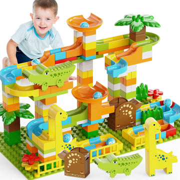 JIXIN Dinosaur Marble Run 187pcs Building Blocks - Compatible with LEGO DUPLO - STEM Montessori Toys for Kids Ages 3-8