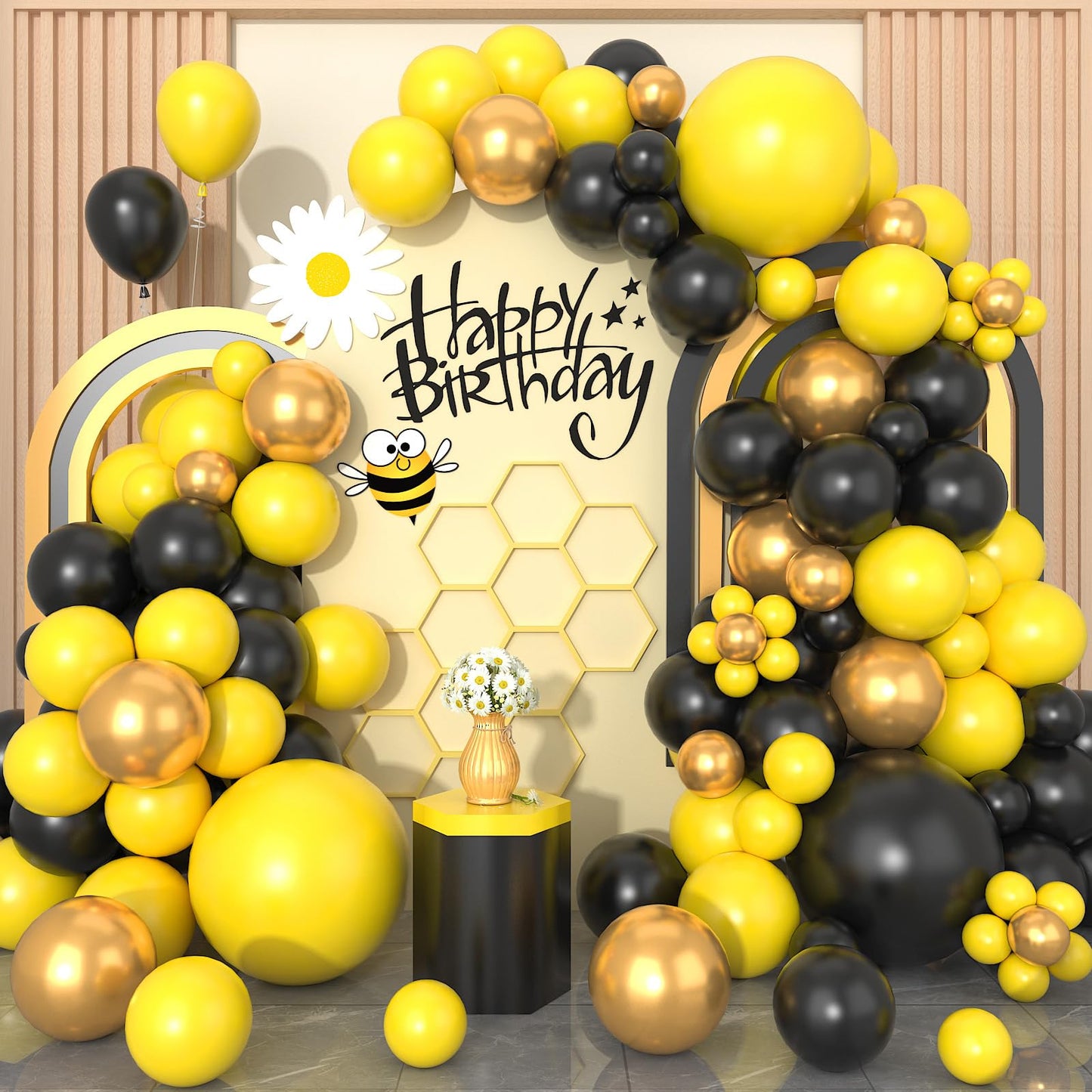 Paready Balloon Arch Kit - 113pcs Yellow & Black Garland - Rubber Metallic Balloons for Birthday, Bee Theme Party, Baby Shower, Wedding