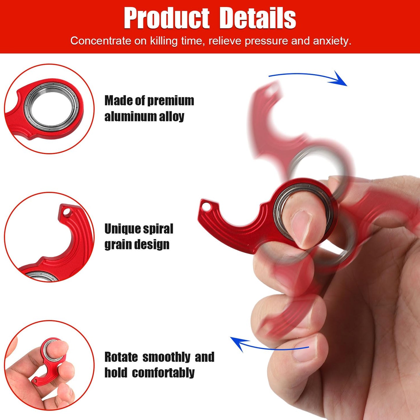 2Pcs Key Chain Spinner Toys 0.67' Inner Diameter With 2Pcs Key Rings, Finger Fidget Keychain Key Ring Spinner Toy Gifts For Kids Adults Finger Exercising Anxiety Relief (Black, Red)