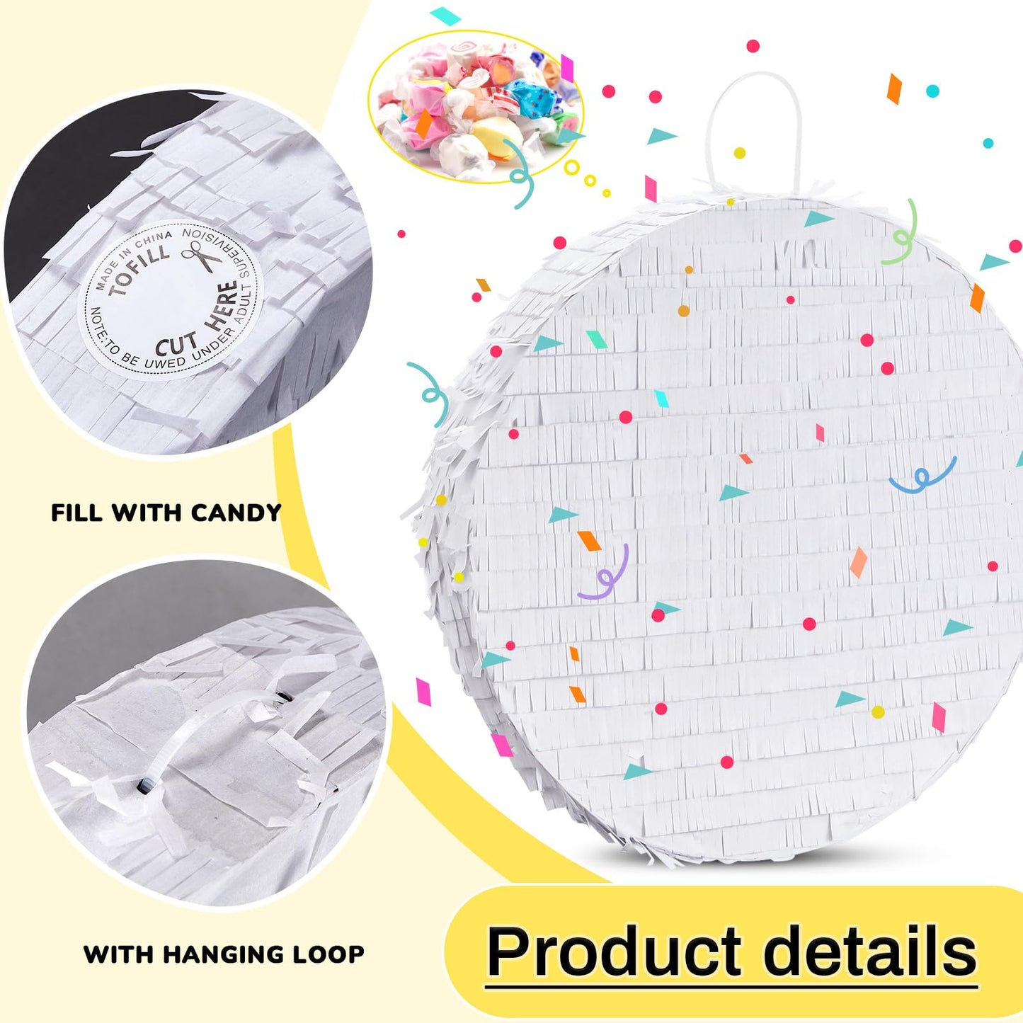 Jenaai 16 Round Blank Piata with Stick, Blindfold and Confetti for Adults and Kids Birthday Parties(White)
